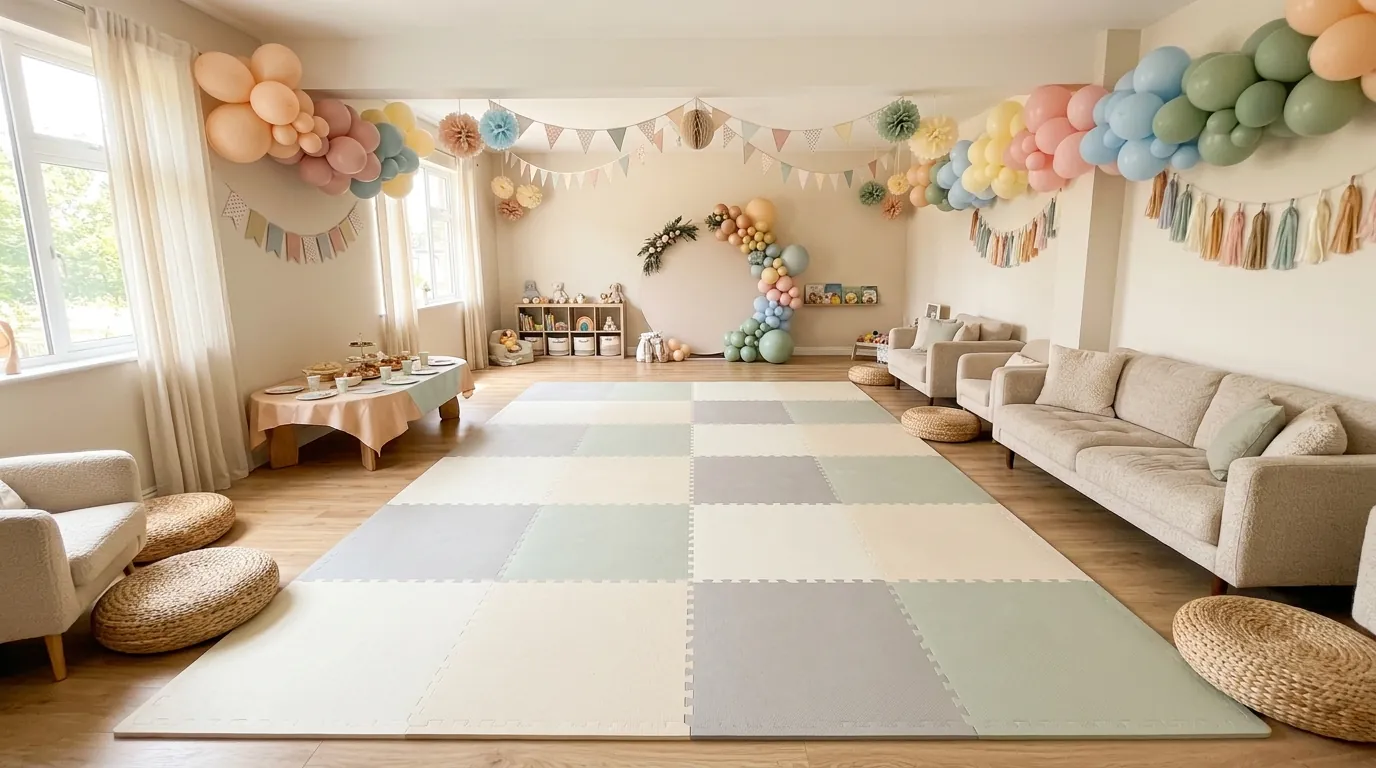 Baby-friendly first birthday party room with clear floor area and comfortable seating