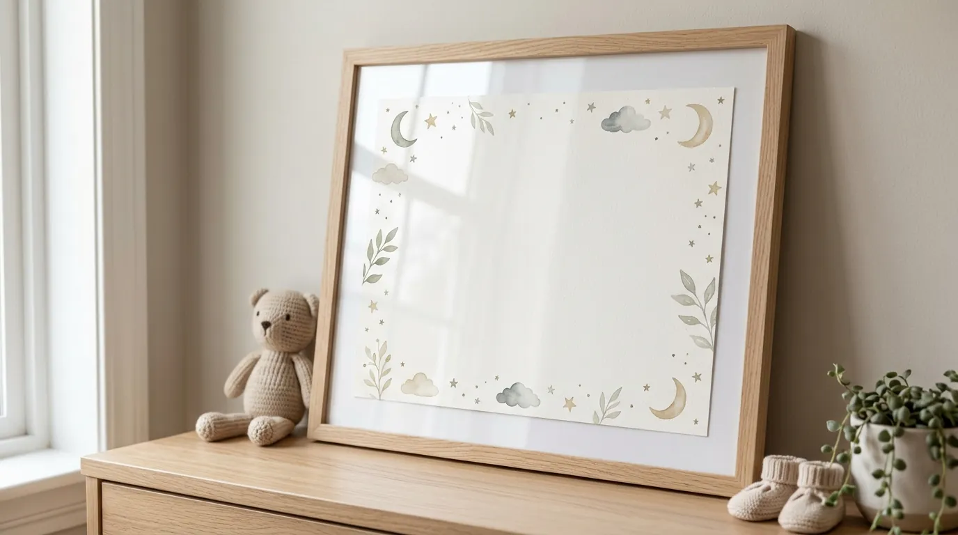 Baby milestone sign in a frame with muted colors and subtle stars