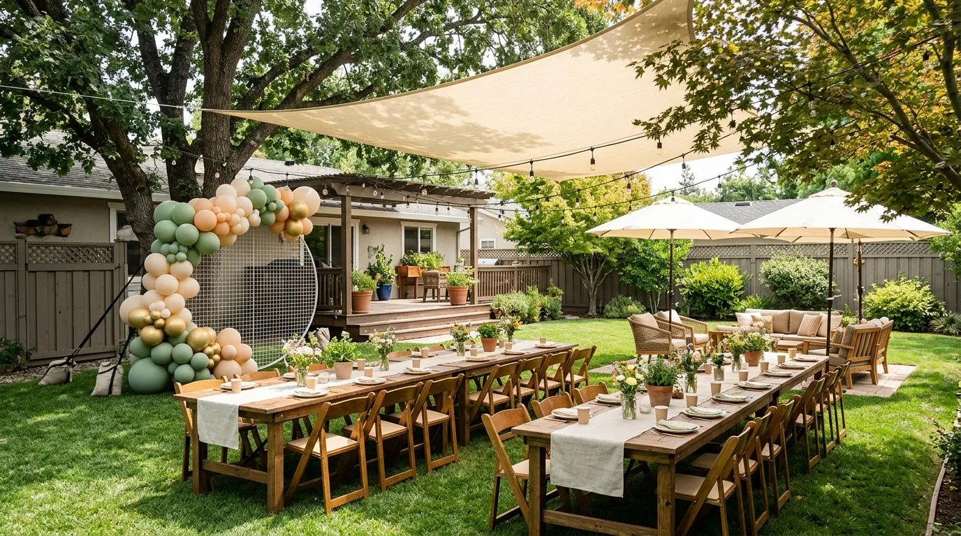 Backyard birthday party setup with balloon decor, tables and greenery
