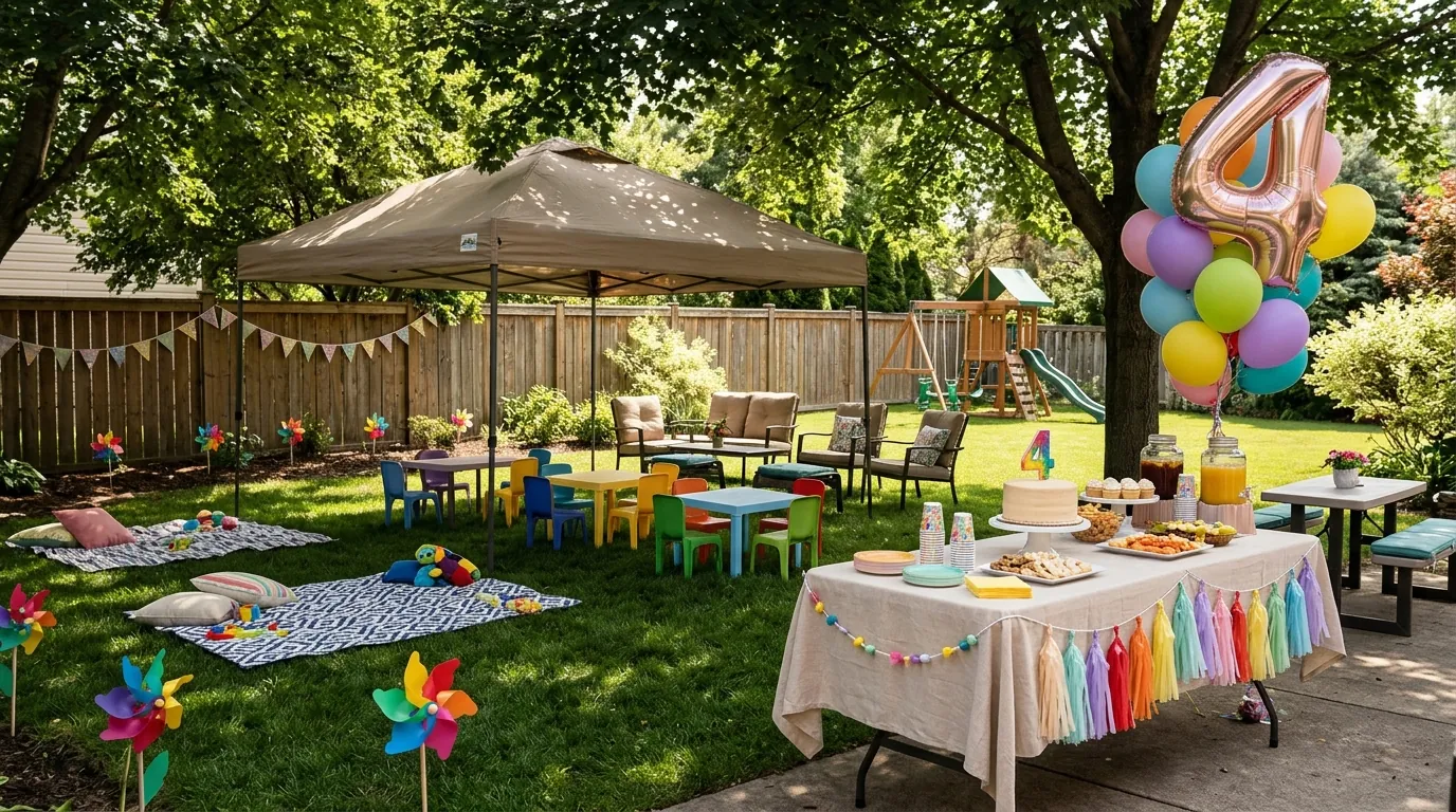 Backyard fourth birthday setup with secure decor, shaded seating and a cake table