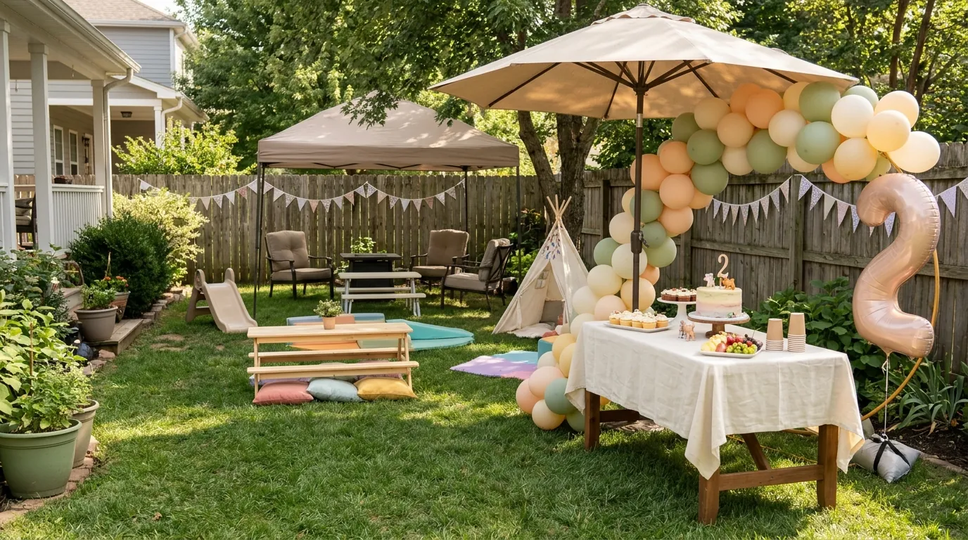 Backyard second birthday setup with secure decor, shaded seating and a cake table