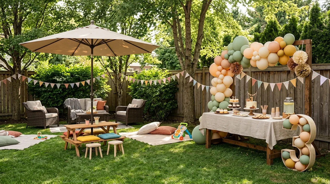 Backyard third birthday setup with secure decor, shaded seating and a cake table