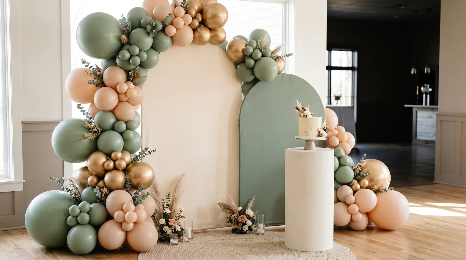 Birthday party backdrop with an organic balloon garland and cake table