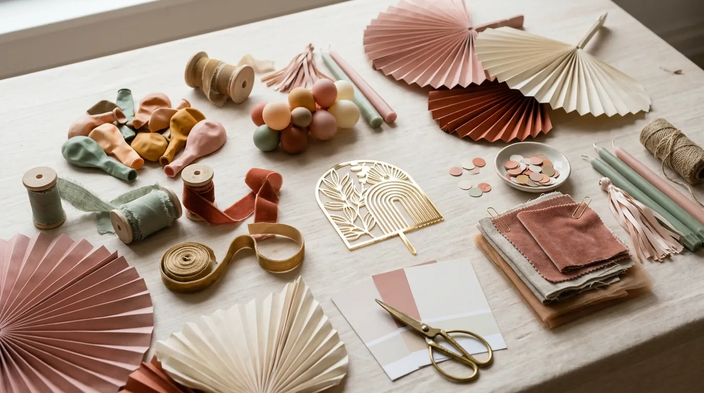 Birthday party color palette details with balloons, ribbon, paper fans and fabric swatches