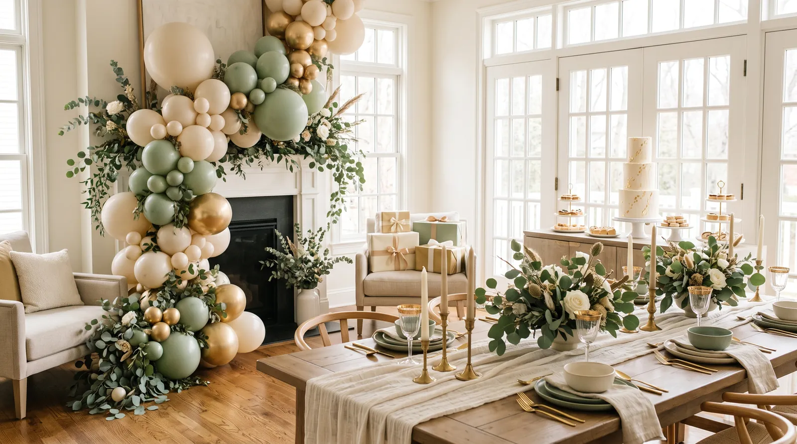 Birthday party decoration ideas with a coordinated cream, sage and gold balloon garland at home