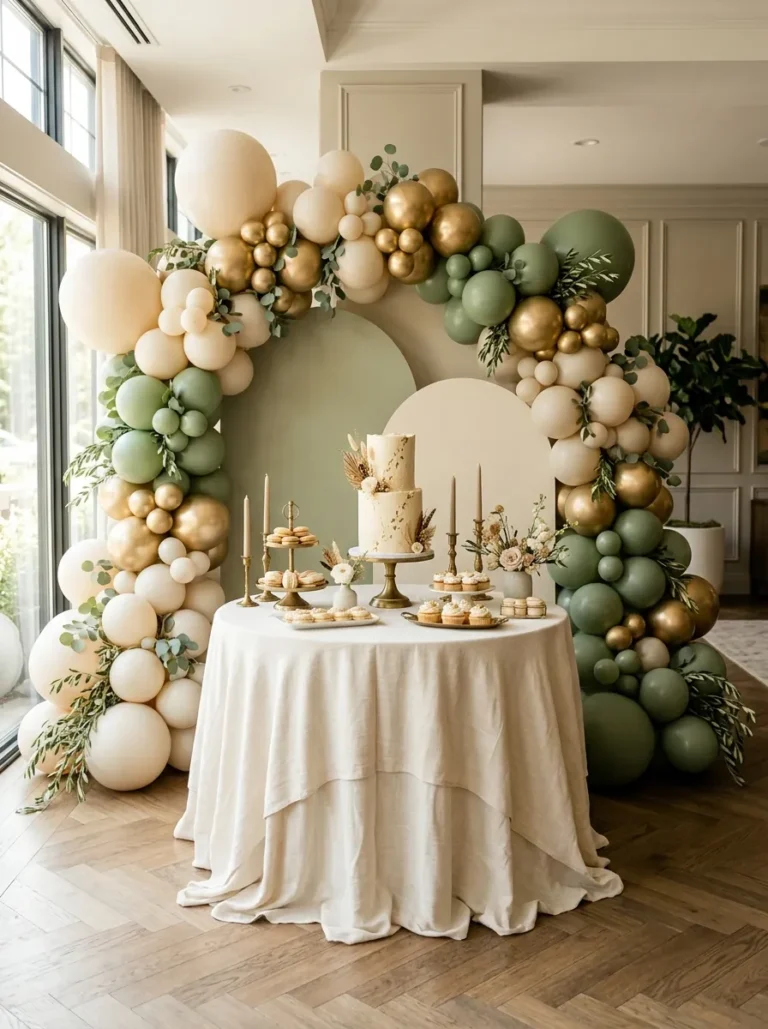 Birthday party decoration ideas with a balloon arch and elegant cake table
