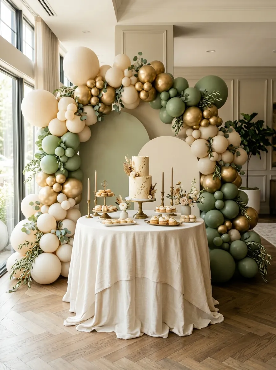 Birthday party decoration ideas with a balloon arch and elegant cake table