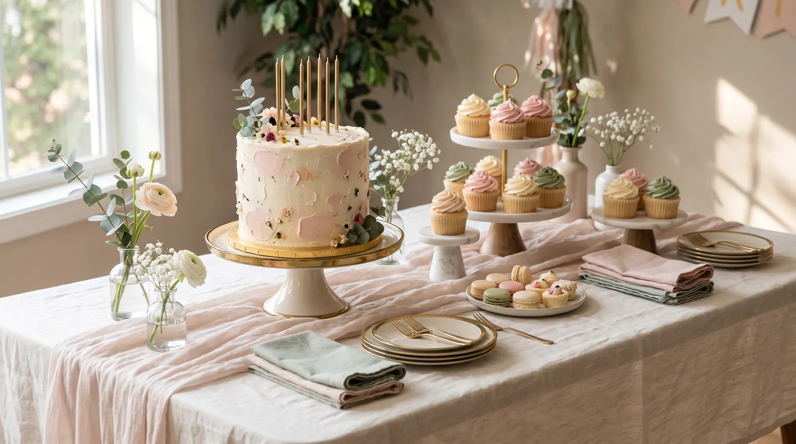 Birthday dessert table with a cake on a stand and cupcakes at different heights