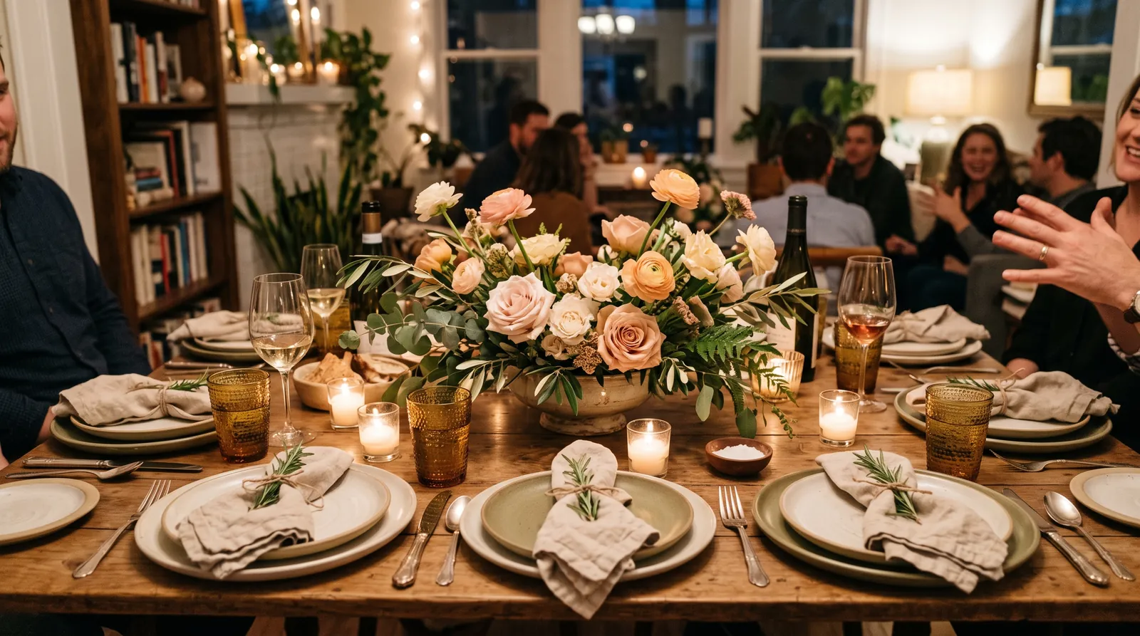 Guest table with a low floral centerpiece and coordinated plates and napkins