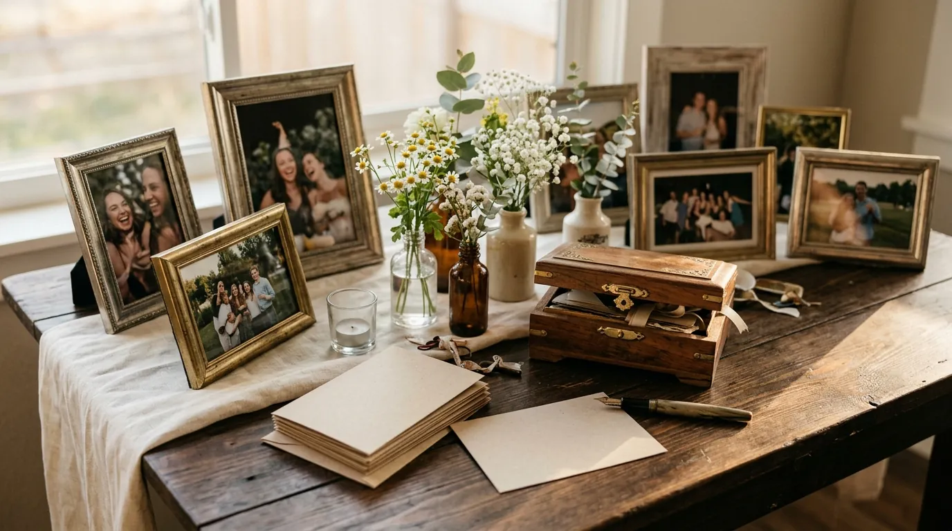 Birthday memory table with framed photographs, flowers and a keepsake box