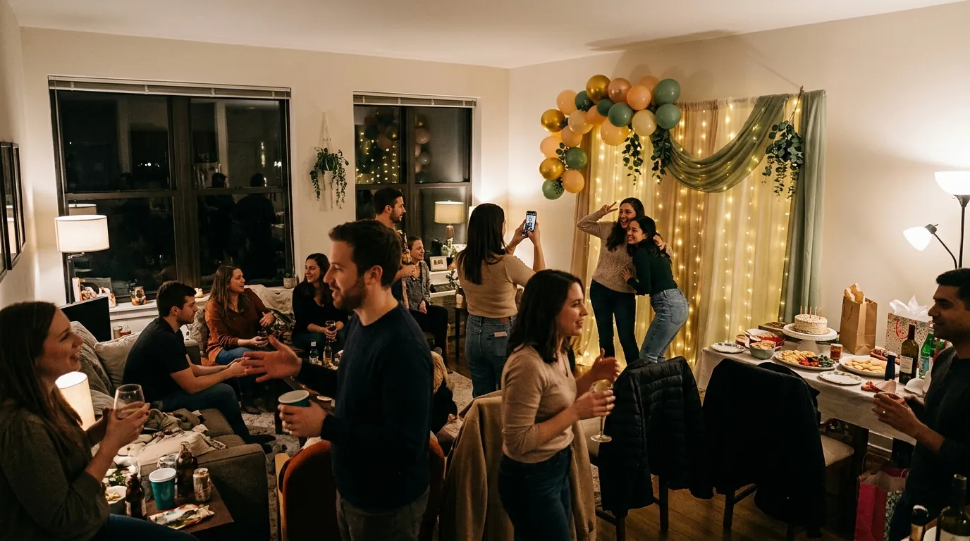 Evening birthday party with warm string lights around a photo backdrop