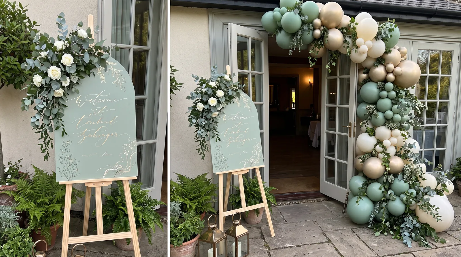 Birthday welcome sign on an easel beside a decorated entrance with balloons and greenery