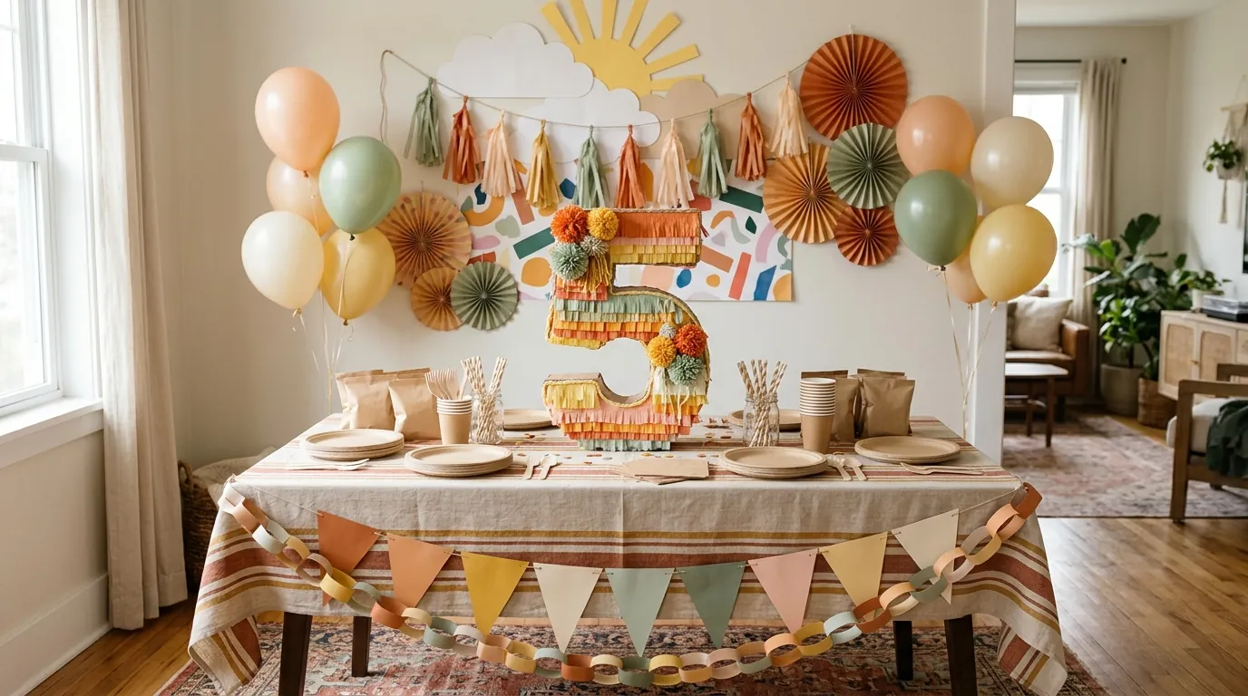 Budget-friendly DIY fifth birthday decorations with paper garlands and a cardboard number five