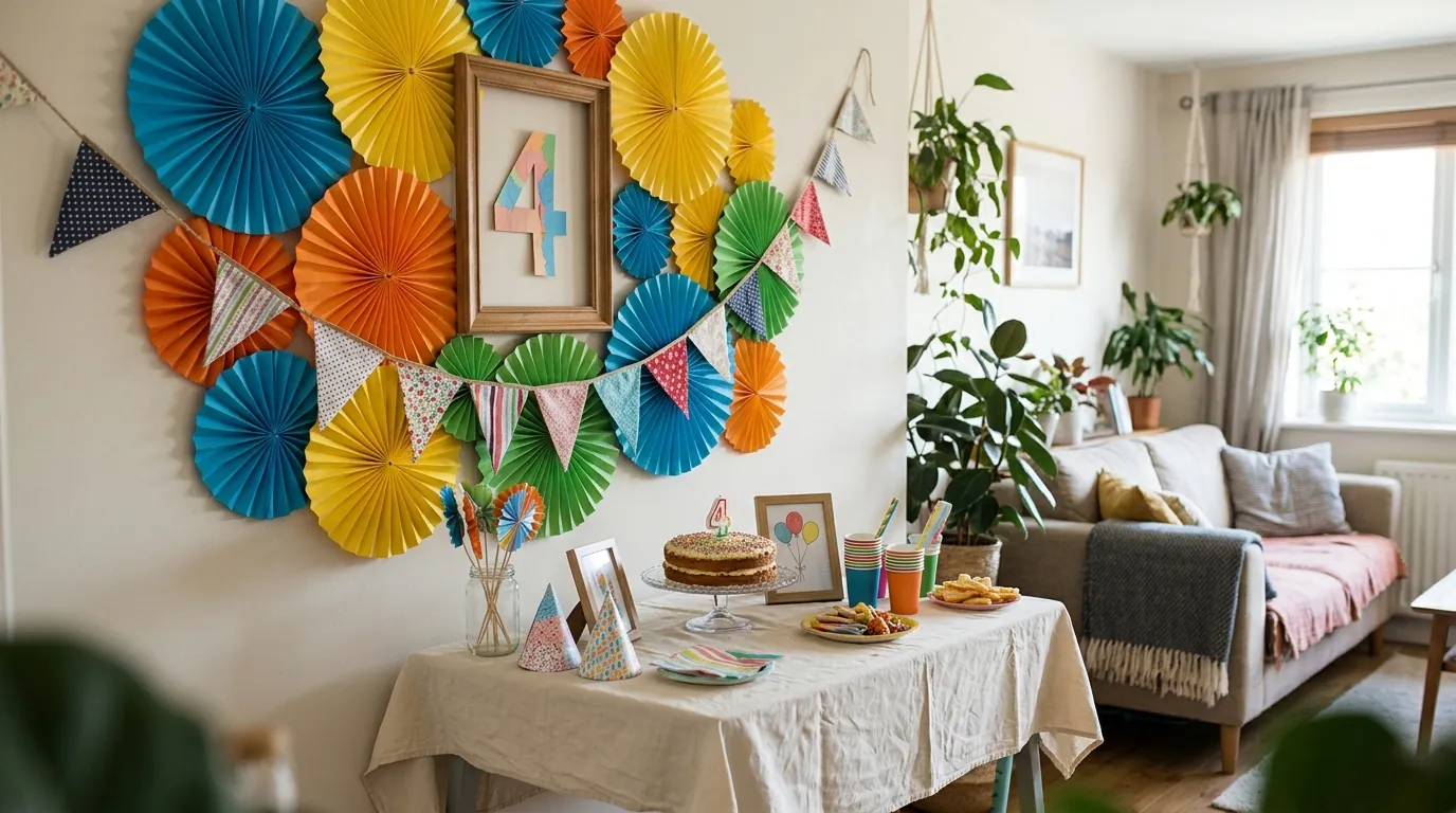 Budget-friendly fourth birthday DIY decorations with paper fans, frames and fabric bunting