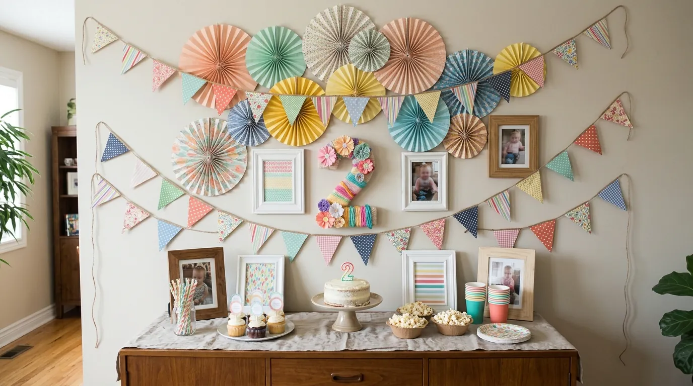 Budget-friendly second birthday DIY decorations with paper fans, frames and fabric bunting
