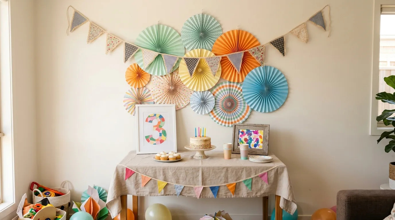 Budget-friendly third birthday DIY decorations with paper fans, frames and fabric bunting