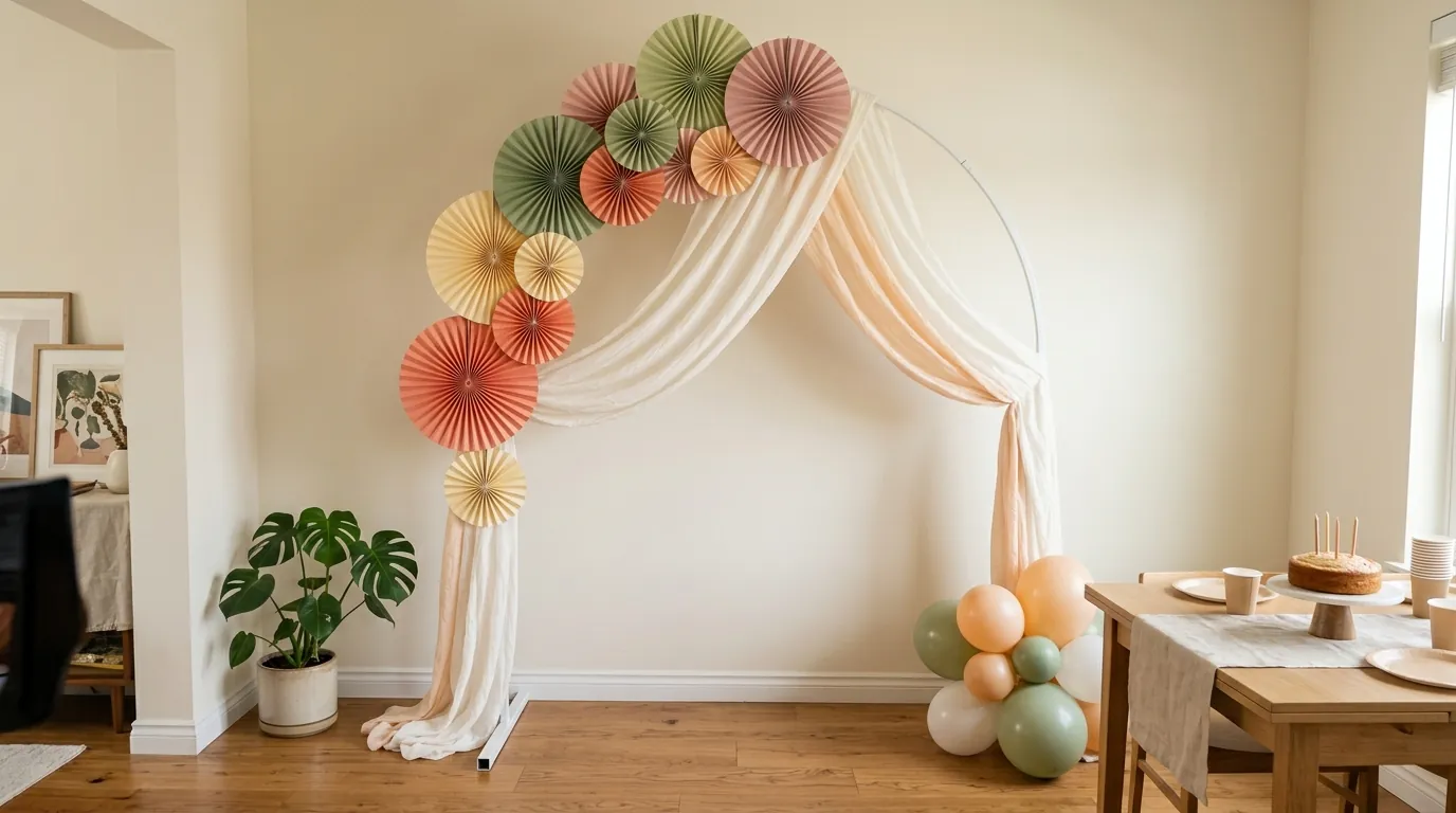 Budget-friendly birthday decorations with paper fans, frames and a small balloon cluster