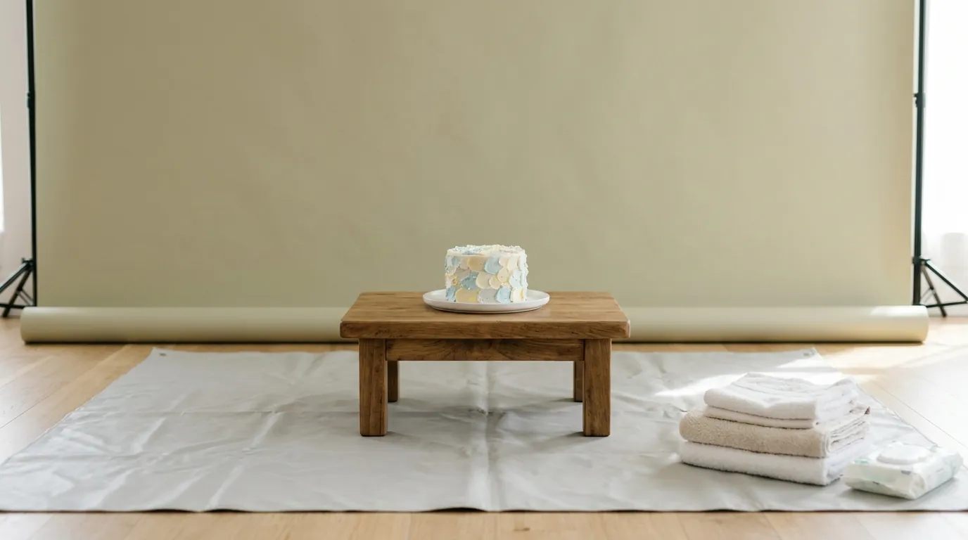 Cake-smash photo area with a washable mat, backdrop and a small cake
