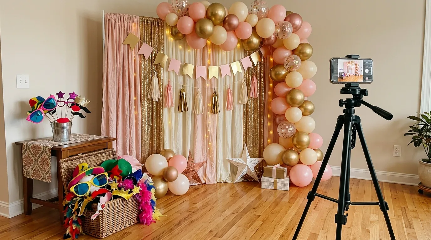 DIY birthday photo booth corner with a fabric backdrop, props and a phone tripod