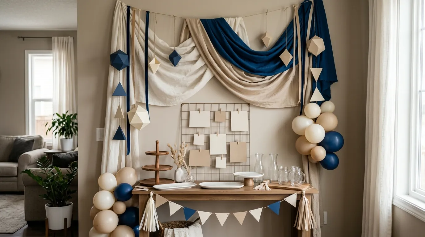 DIY teen birthday party decorations with geometric paper shapes and a memory board