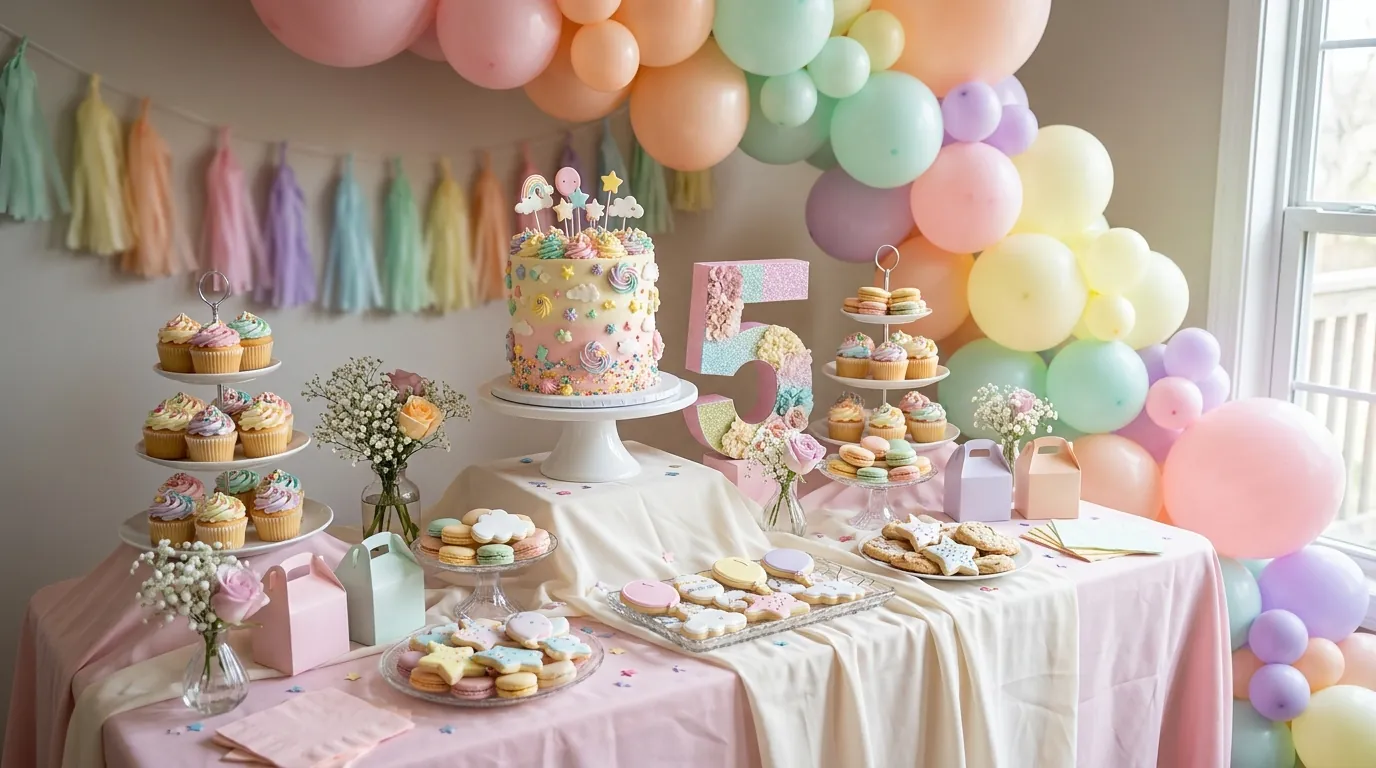 Fifth birthday cake table with a decorated birthday cake, cupcakes, and themed cookies