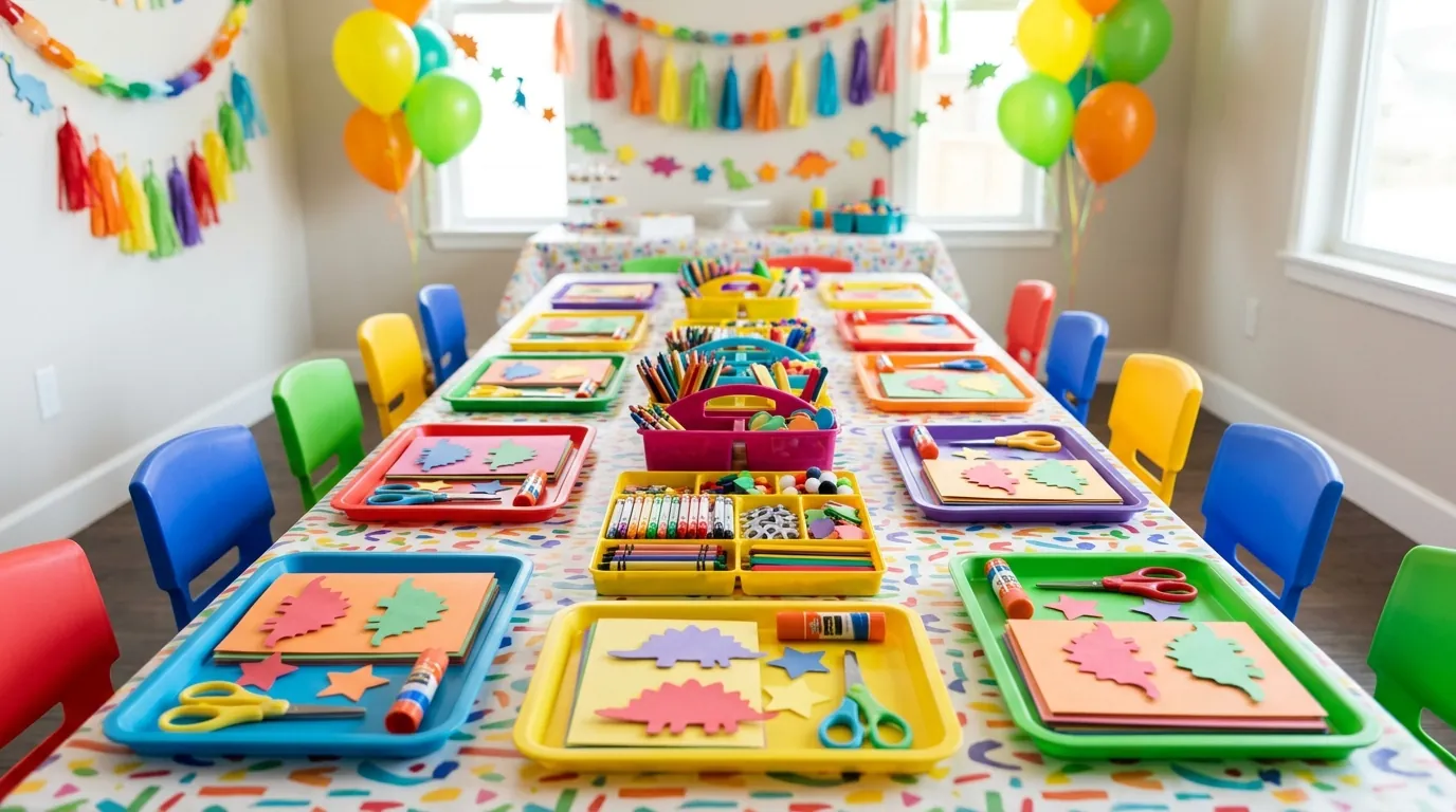 Fifth birthday craft station with crayons, colored paper, and pre-cut decorative shapes