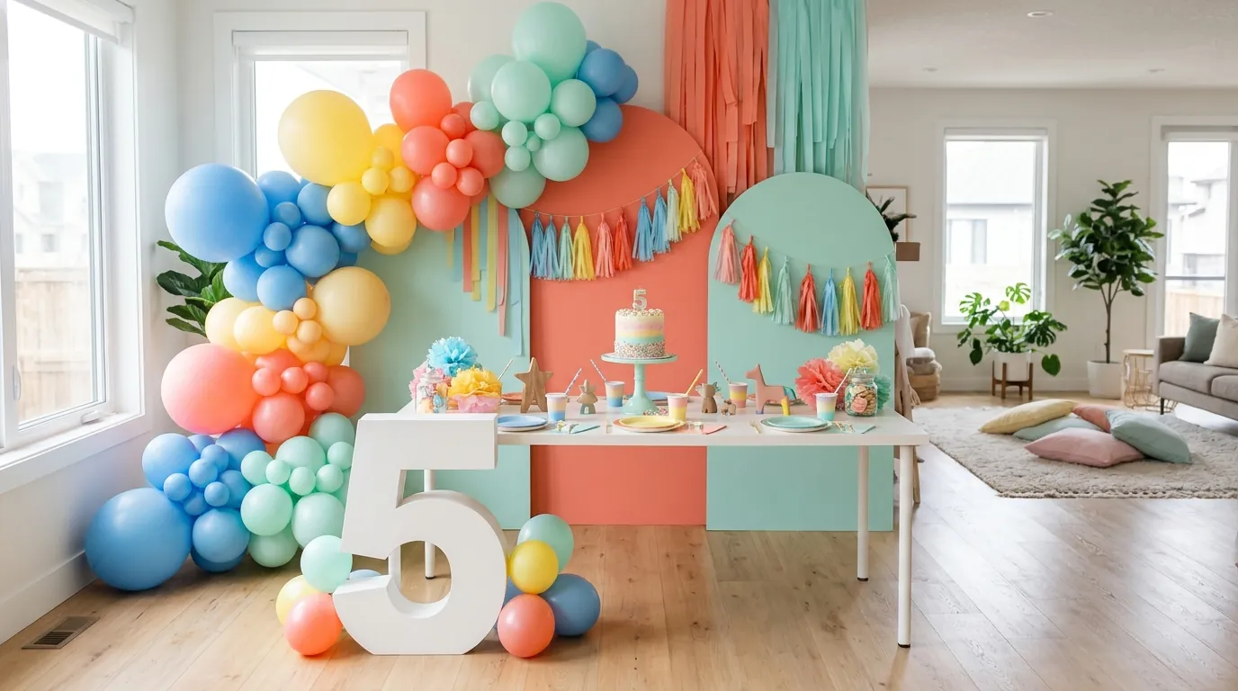 Fifth birthday decoration ideas with a colorful balloon garland, large number five, and coordinated party table