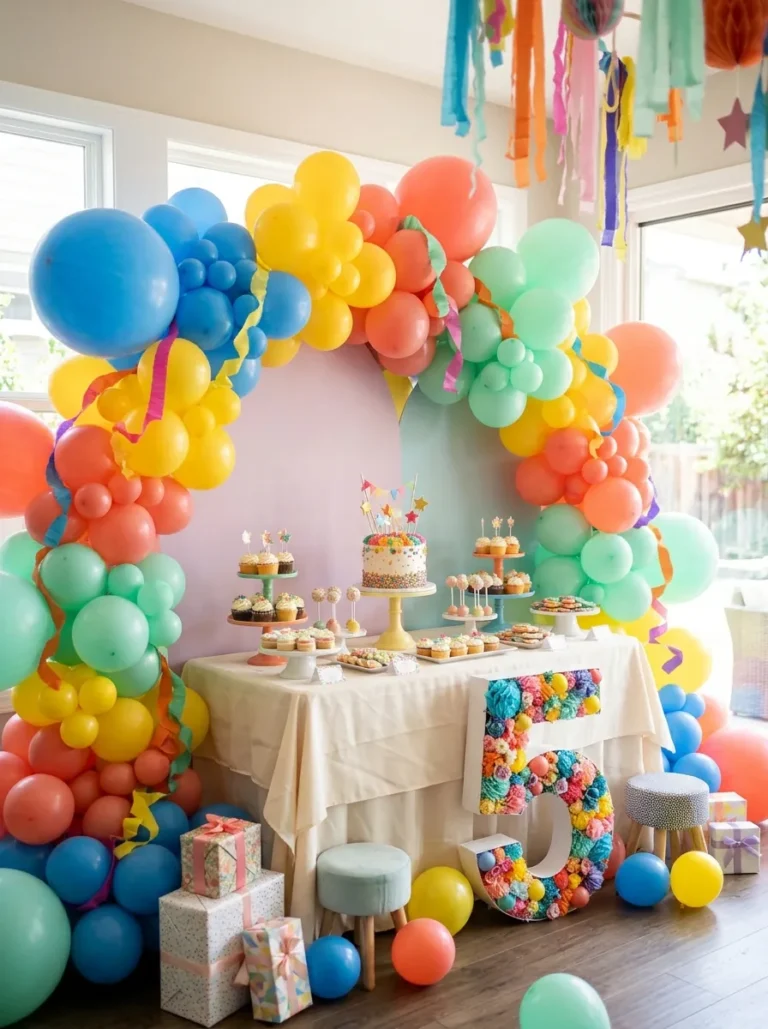 Fifth birthday decoration ideas with a colorful balloon garland and decorated cake table