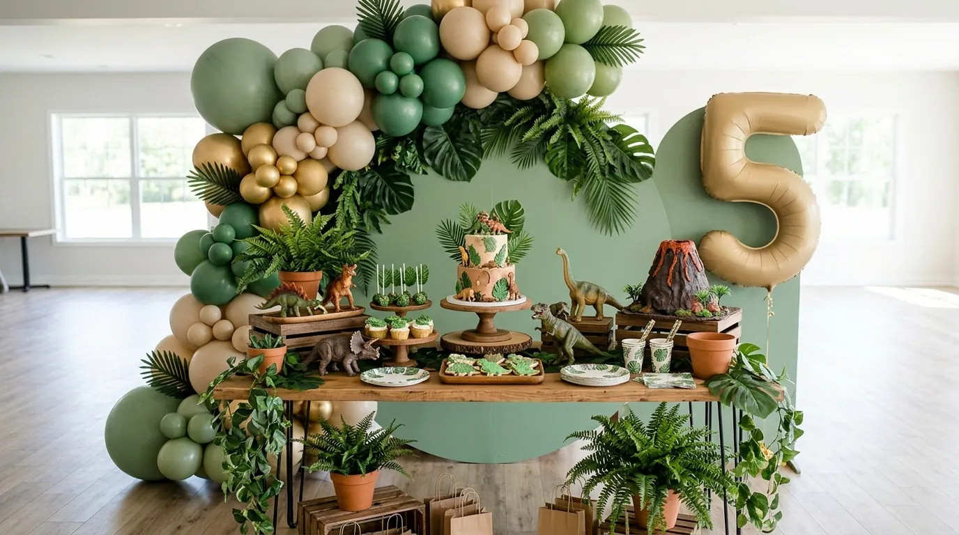 Dinosaur-themed fifth birthday decorations with a green balloon garland and toy dinosaur display
