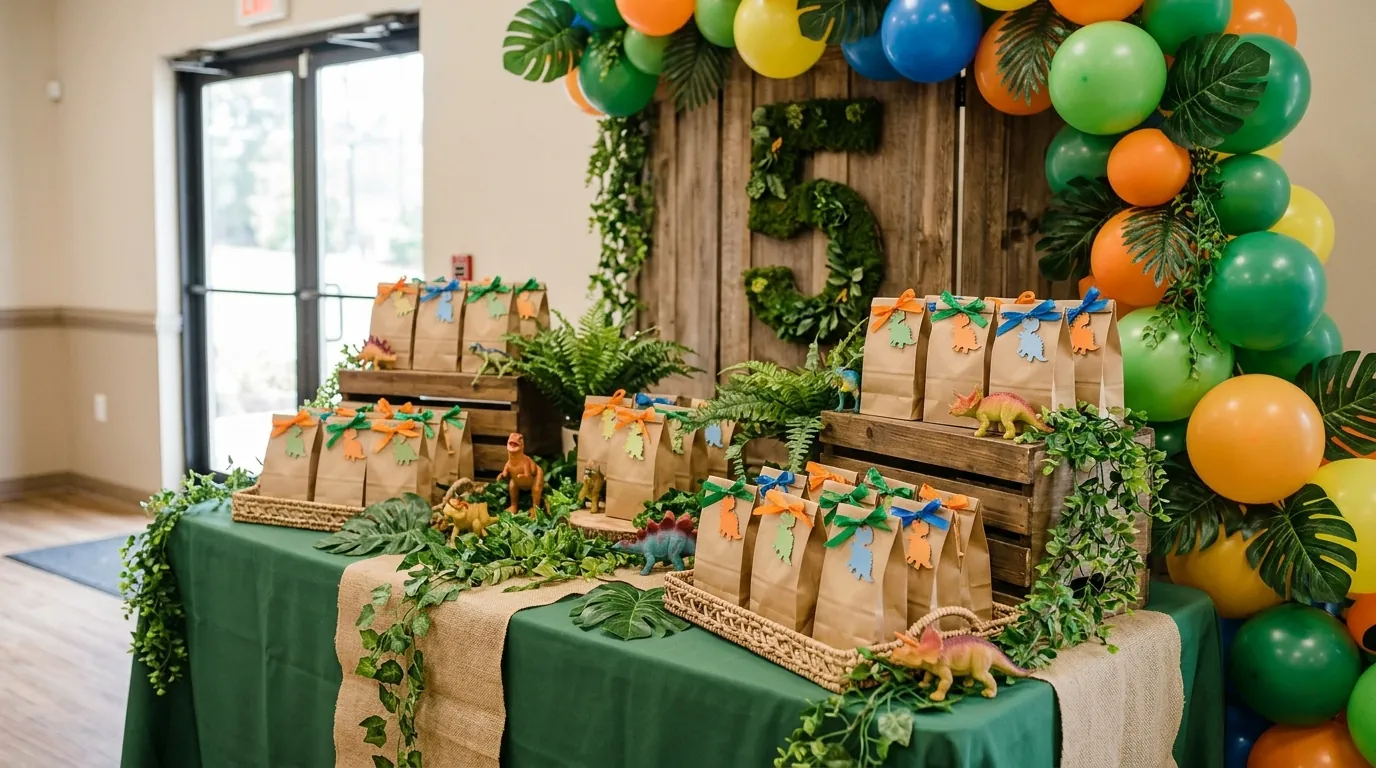 Fifth birthday favor table with kraft paper favor bags and dinosaur decorations