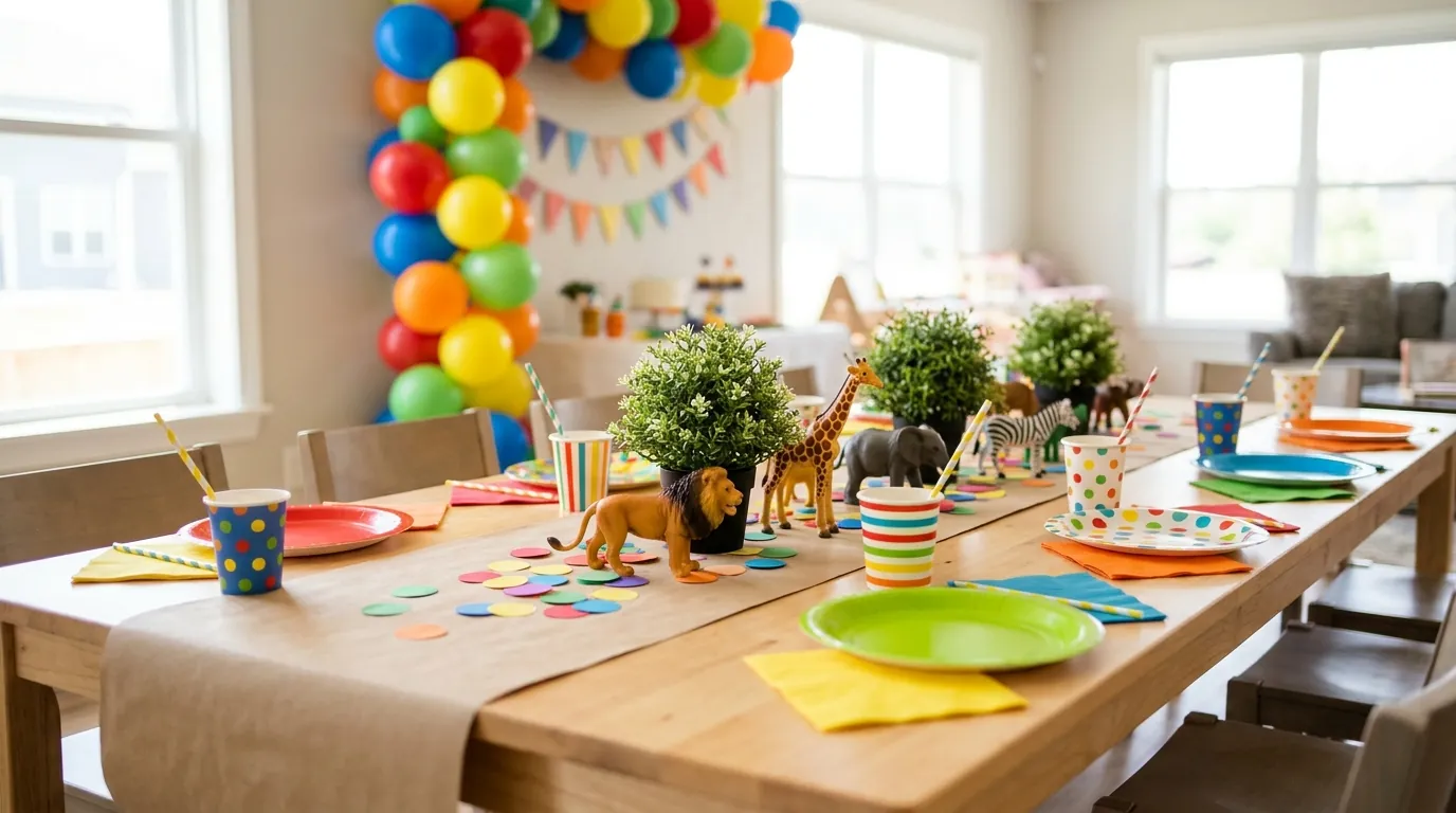Fifth birthday guest table with coordinated paper plates, cups, and a themed centerpiece