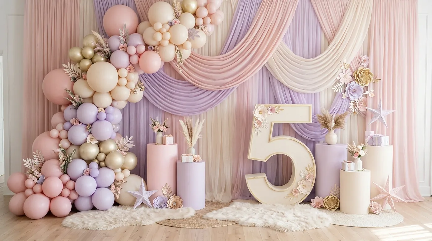 Fifth birthday photo backdrop with a freestanding number five and pastel balloon garland
