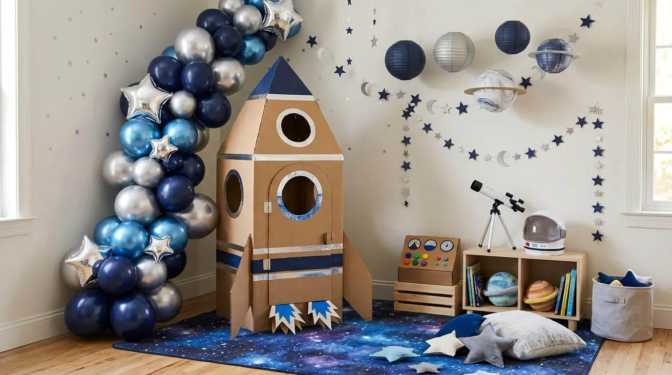 Fifth birthday pretend-play corner with a cardboard rocket and space decorations