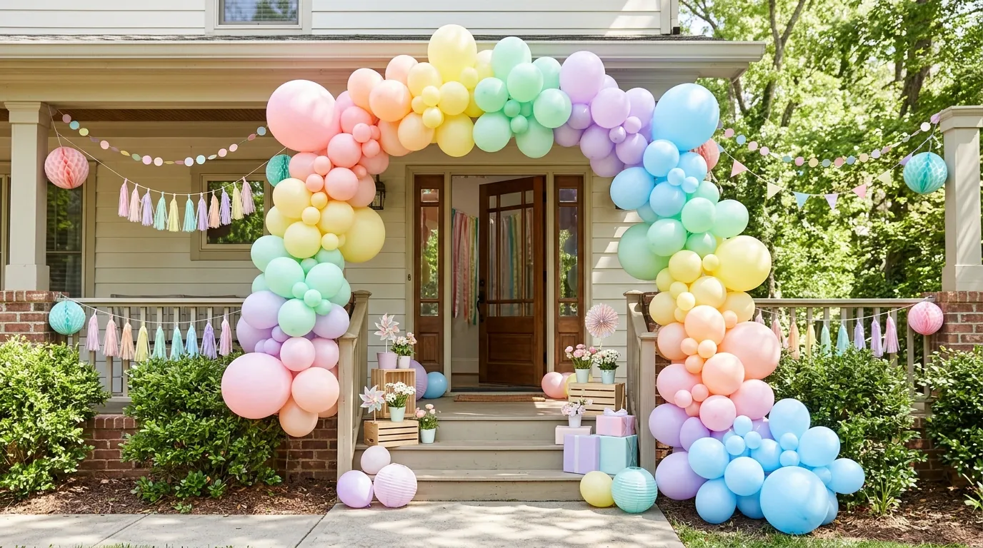 Fifth birthday party entrance with a rainbow balloon arch and pastel party decorations