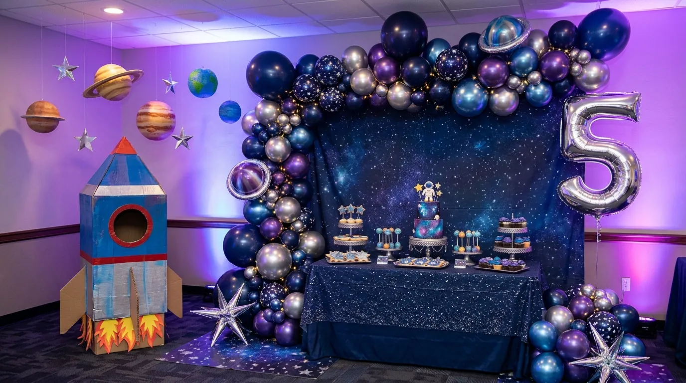 Space-themed fifth birthday decorations with navy balloons, silver stars, and planet props