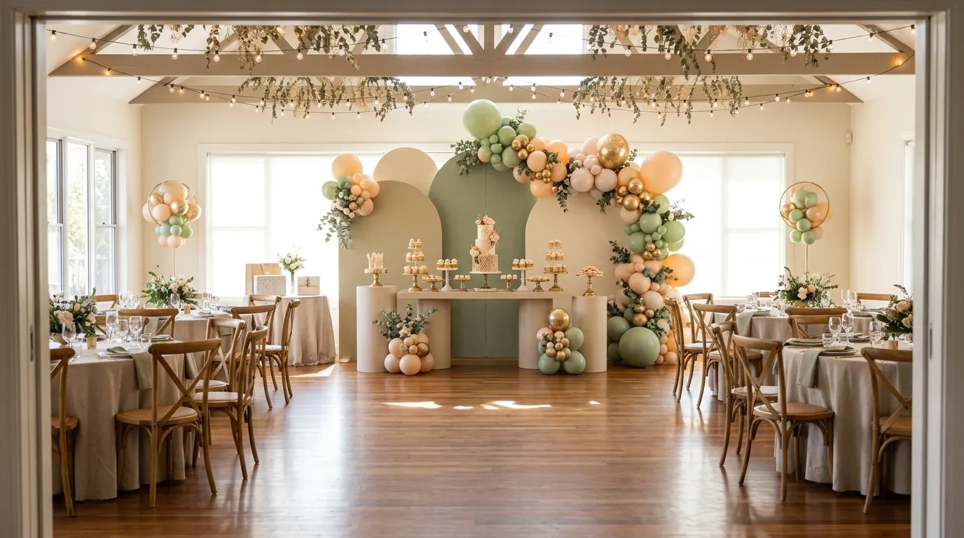 Finished birthday party room with a cohesive backdrop and dessert table seen from the entrance