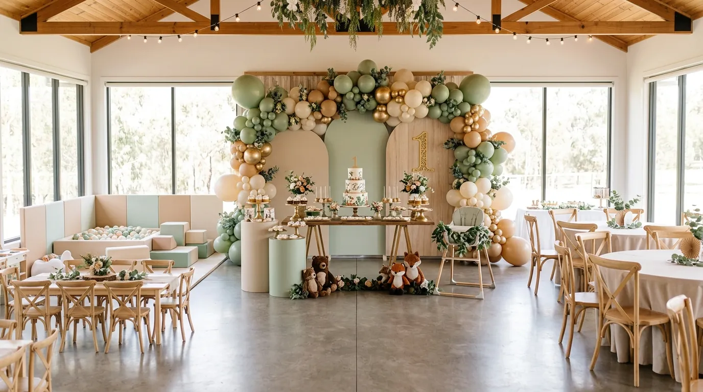 Finished first birthday party scene with a coordinated cake table and backdrop