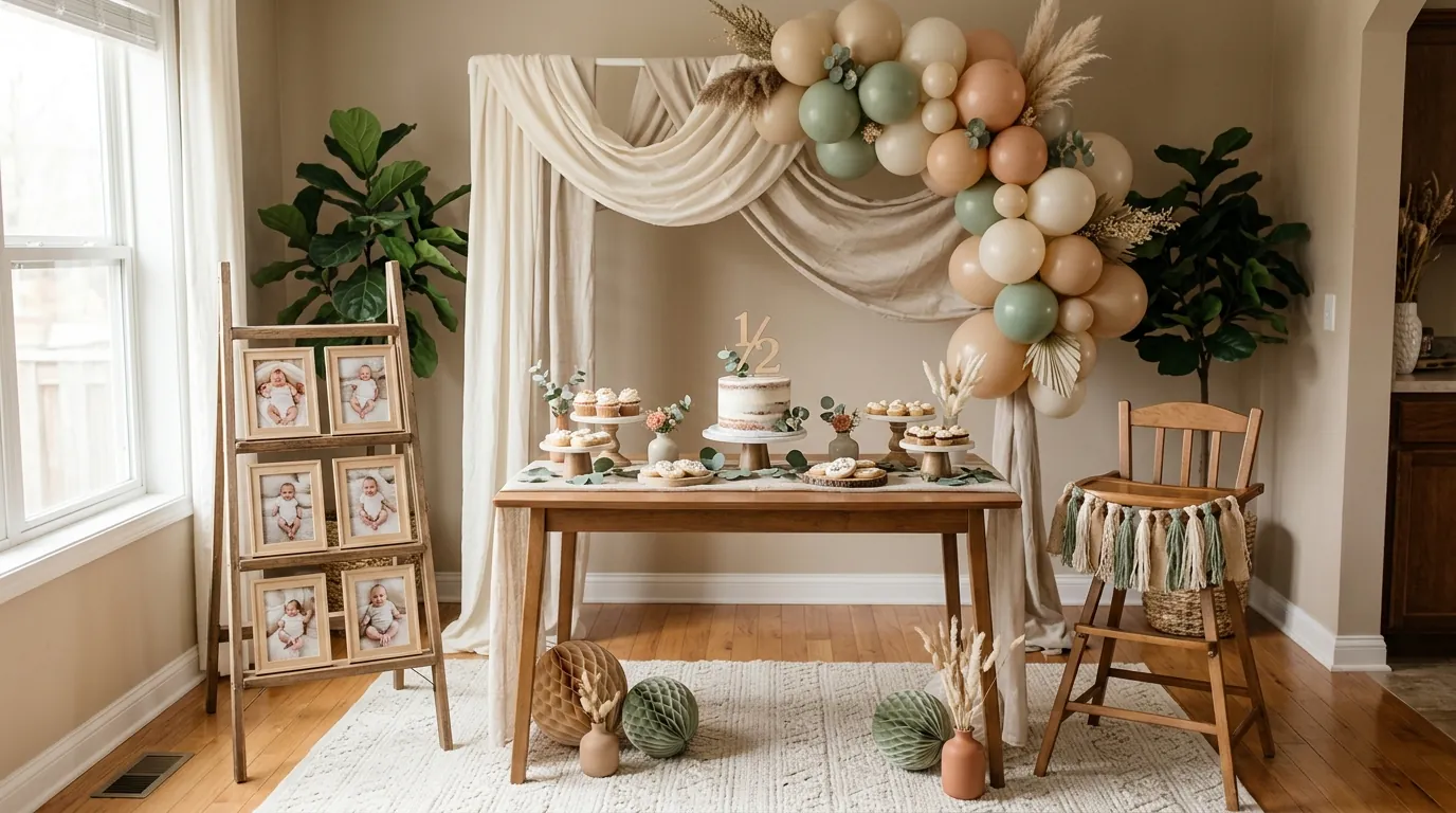 Finished half birthday setup with a backdrop, milestone display and dessert table