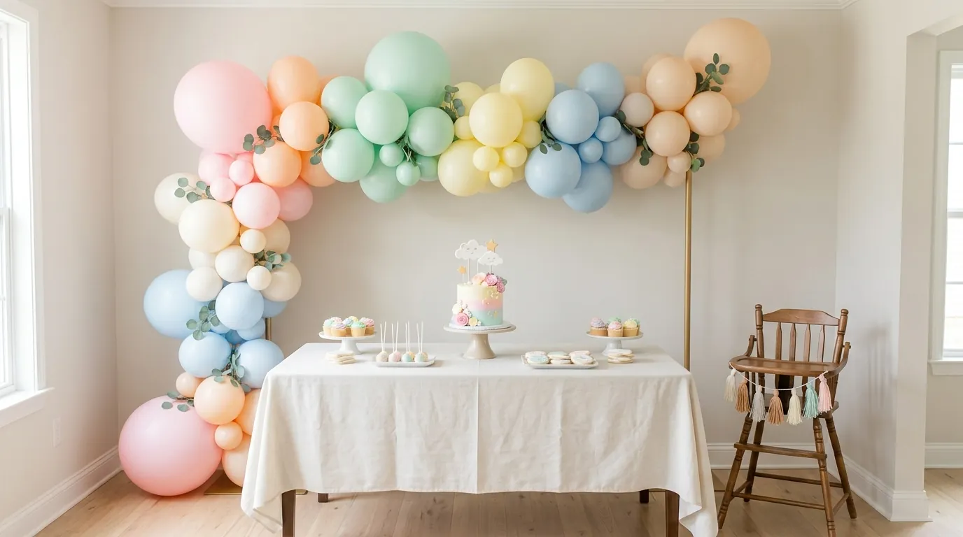 Balloon garland mounted high above a first birthday dessert table in pastel colors