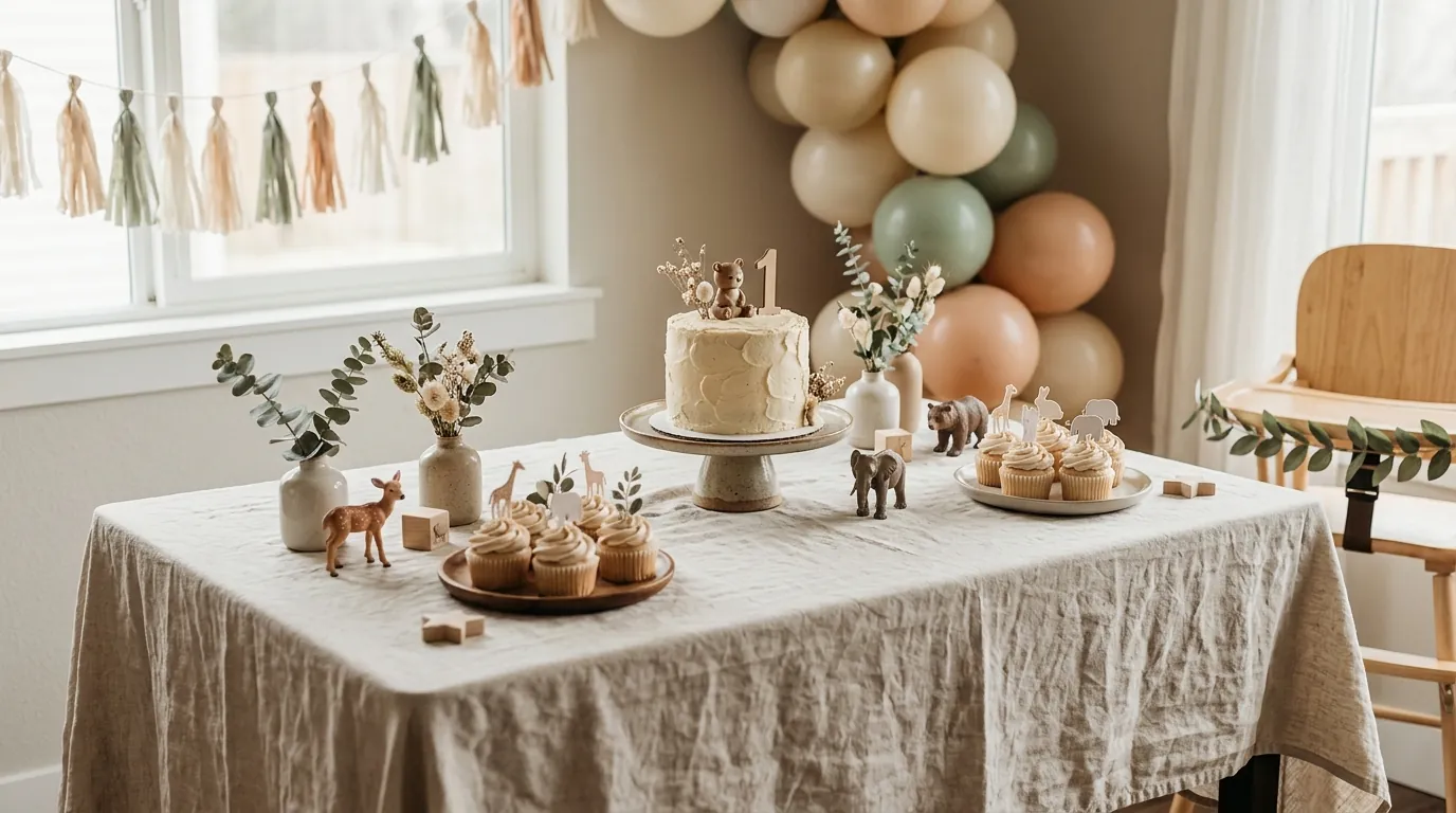 First birthday cake table with a cake stand, cupcakes and animal-themed accents
