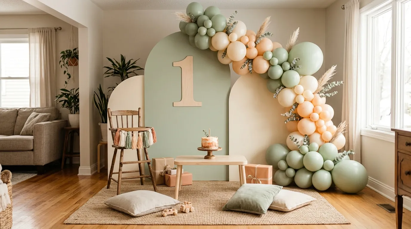 First birthday decoration ideas with a soft sage, cream and peach balloon garland