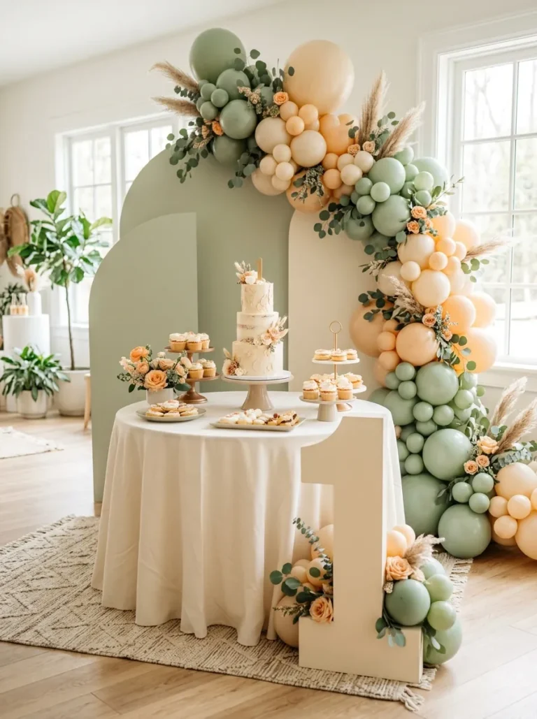 First birthday decoration ideas with a balloon garland and elegant cake table