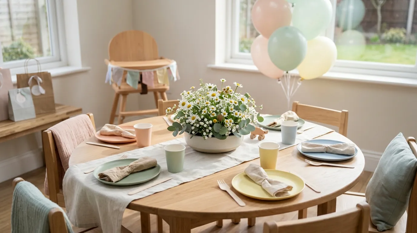 First birthday guest table with a low centerpiece, pastel plates and flowers