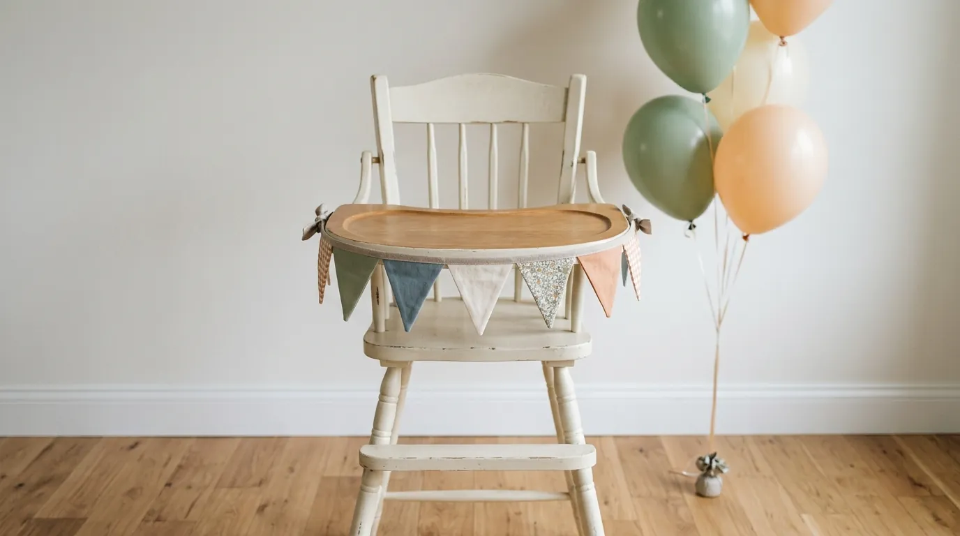 First birthday high chair with a simple fabric banner and plain backdrop