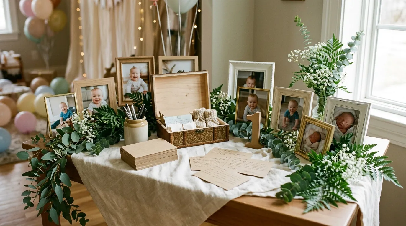 First birthday memory station with wish cards, a keepsake box and framed photos