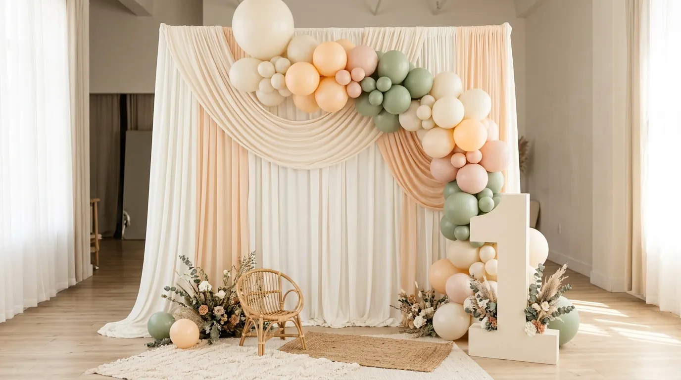 First birthday photo backdrop with a fabric curtain, soft balloons and a number one decoration