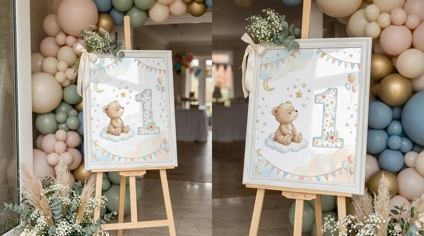 First birthday welcome sign in a frame with a teddy bear and star motif