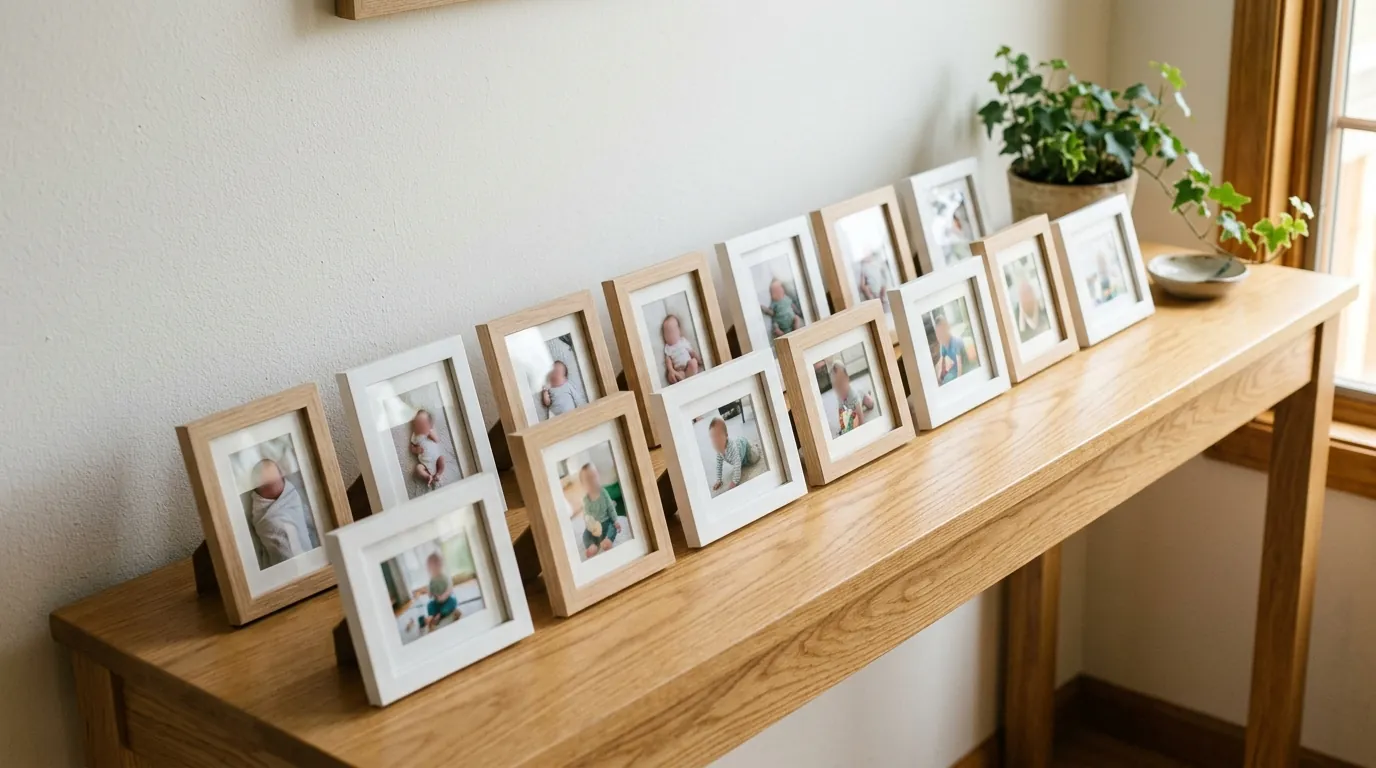 First-year photo timeline with twelve framed photos on a table display