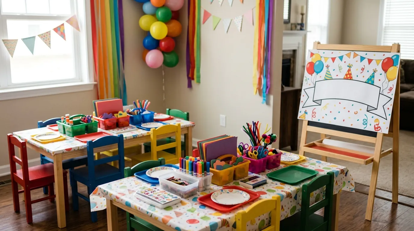 Fourth birthday activity corner with organized craft supplies and a themed sign