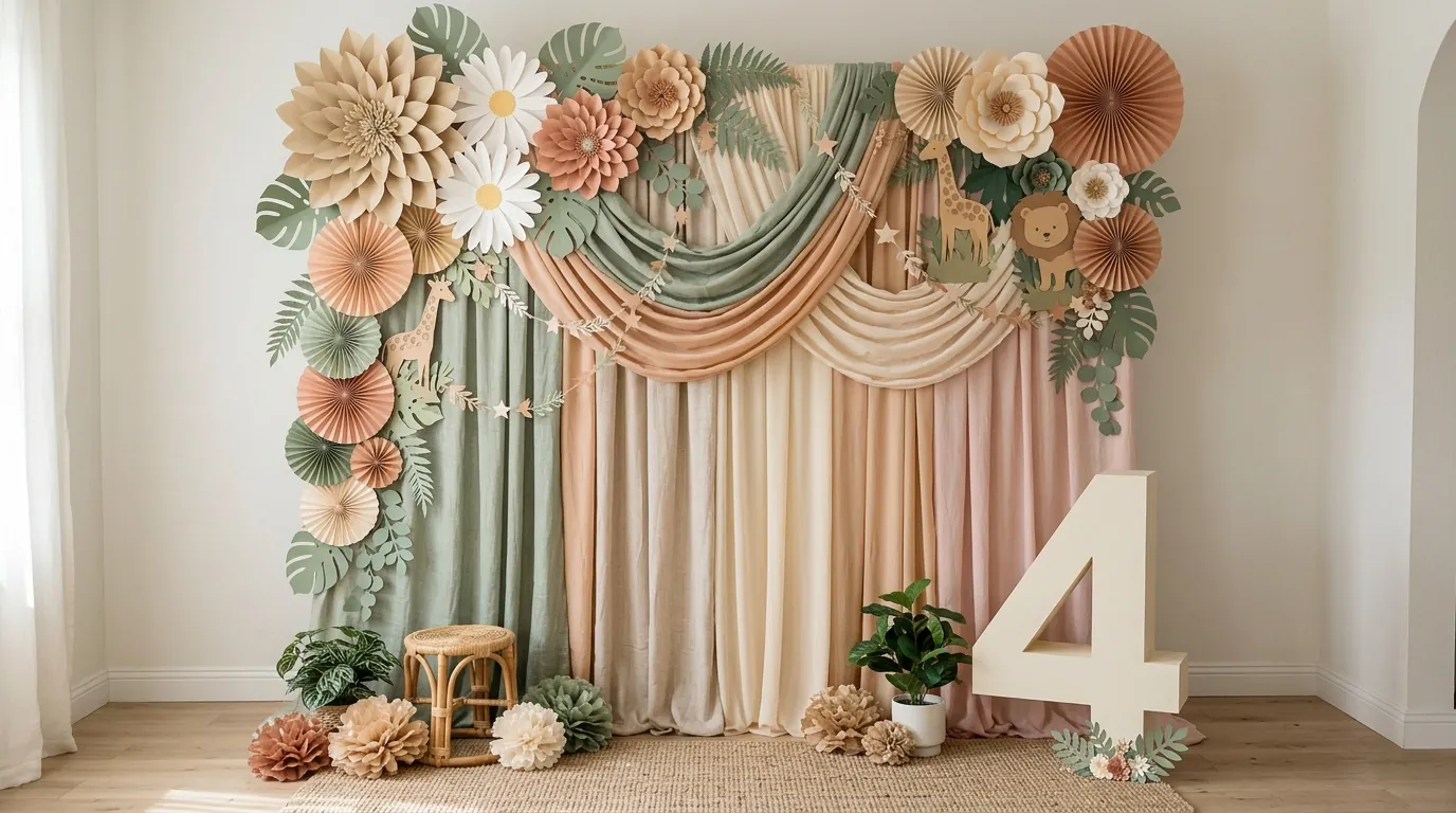 Fourth birthday backdrop with a fabric panel, themed paper decorations and an age-number prop